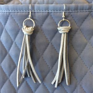 Handmade Grey leather tassel earrings
